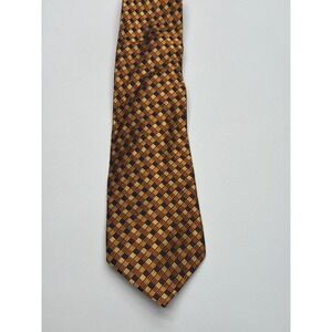 Paul Fredrick Mens Silk Tie Gold Copper Navy‎ Geometric Check Woven Hand Made